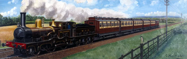 Ett West Lancashire Railway-tåg dragits av loket "Blackburn"