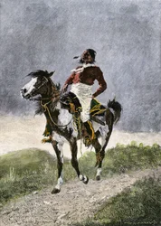 En modig comanche till häst på den södra prärien (Texas, Oklahoma, USA), omkring år 1800. Litografi