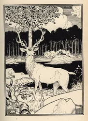 Ett körsbärsträd på huvudet av ett rådjur berört av stenarna av körsbärsspjut av baron de Munchausen Illustration av William Strang (1859-1921) och JB Clark hämtad från "The Adventures of the Baron of Munchausen (Munchhausen) av Rudolf Erich Raspe (1736-
