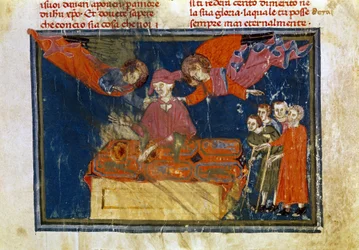 En grupp sjuka människor och en herre som gör ett barmhärtighetsverk genom att ge dem hjälp. Miniatyr hämtad från "The Works of Merciord" (ms. II, VI