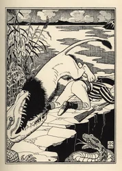 Ett lejon som ville attackera baronen de Munchausen hamnade i en krokodil. Illustration av William Strang (1859-1921) och JB Clark från "The Adventures of the Baron of Munchausen (Munchhausen) av Rudolf Erich Raspe (1736-1794) (1789)