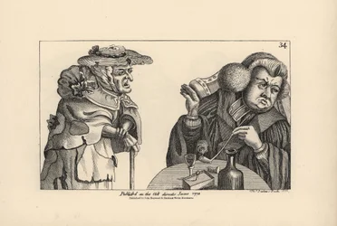 En fyllig rik kyrkoherde med tobakspipa och sprit ignorerar en fattig gammal kvinnas vädjan. Kopparstick av Thomas Sanders efter en satirisk illustration av Timothy Bobbin (John Collier) (1708-1786) från Human Passions Delineated, John Haywood, Ma