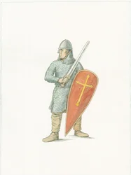 En rekonstruktionsillustration som visar en normandisk riddare omkring 1066