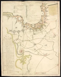 En färgad plan över belägringen fungerar. Tidskrift öfver belägringen af Bergen op Zoom, af fransmännen, 1747; föregås av en redogörelse för det franska artilleriets tillstånd vid den tiden.