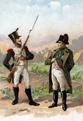 En ung soldat stoppar Napoleon I på hans väg 1805. 1800-talet (kromolitografi)