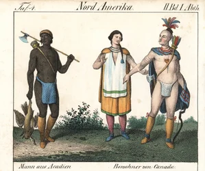 Acadian man med tatuerad kropp och ett par infödda kanadensiska indianer. Litografi för boken: "Galerie complete en tableaux fideles des peuples d