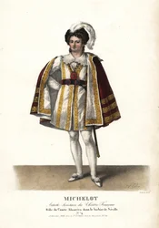 Skådespelaren Pierre Marie Nicolas Michelot som Comte Almaviva i Le Barbier de Seville av Pierre Beaumarchais, Theatre Français. Handkolorerad litografi av F. Noel efter en illustration av Alexandre-Marie Colin från Portraits d