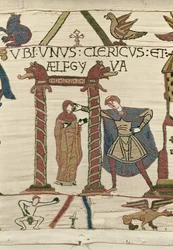 Aelfgyva med en präst, Bayeux Tapestry (ullbroderi på linne)