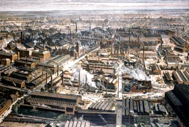 Flygfoto över Krupps fabrik i Essen, ca 1920 (gravyr)