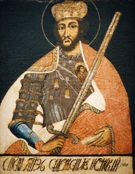 Alexander Nevsky Avbildad som en krigarhelgon i ett porträtt av en okänd konstnär från tidigt 1700-tal, State his tory Museum, Moskva.