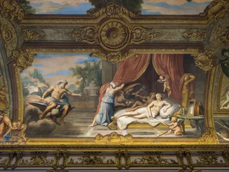 Allegorie du Feu som representerar Jupiter och Semele, Ludvig XIII (1601-1643) på besök hos Anne av Österrike (1601-1666) (befruktning av Ludvig XIV). Målning av valvet i Galerie doree, av Francois Perrier (1594-1649)