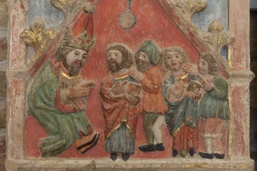 Altartavla. polykrom sten. Andra hälften av 1300-talet. Ursprung före detta församlingskyrka i Torre de Rialb. Detalj. Mellanregistret. Vänster panel. Övre delen: Saints Iscle och Victoria med tjänstemännen.