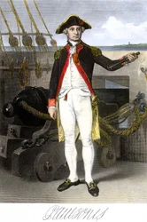 Amerikanska flottan: John Paul Jones (1747-1791) sjöman och hjälte i Amerikas förenta staters självständighetskrig. Gravyr i färg med signatur.