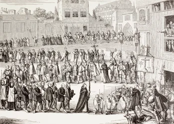En Auto-da-fe, eller Act of Faith, procession i Spanien, efter en gravyr från 1400-talet, från "Military and Religious Life in the Middle Ages" av Paul Lacroix publicerad i London cirka 1880