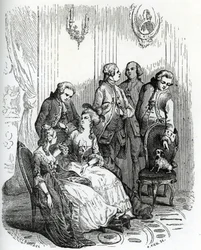 En kväll på slottet Vaux-le-Vicomte under kung Ludvig XV:s tid (1710-1774). 1800-tal (gravyr från "Mysteres des vieux chateaux de France" av Le Francois)
