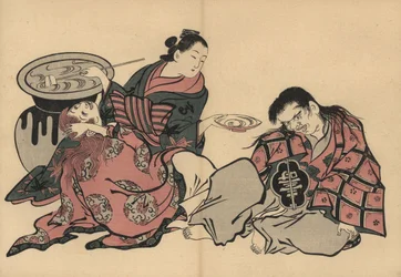 En oiran-kurtisan spelar mot två shojo med sake från en stor vas. Träsnitt av Masanobu Okumura (1686-1764) från Fuzoku Emakimono, Picture Scroll of the Water Trade, Tokyo, nytryck cirka 1880.