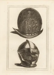 Forntida venetiansk morionhjälm prydd med militära troféer och en burgonethjälm med enat visir och bever från Tower of London