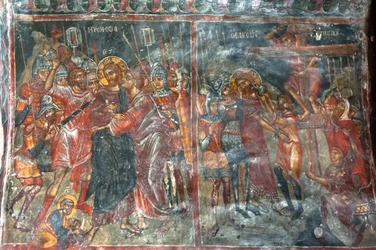 Antika fresker; väggmålningar; Judaskyssen; Jesu korsfästelse; Panagia och Sotiras kyrka; grekisk-ortodox kyrka; Roustika; Kreta; Grekland; Europa