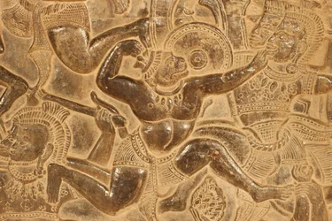 Angkor Wat. Detalj av reliefskulptur från slaget vid Kurukshetra Siem Reap Kambodja