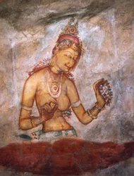 Apsaras, himmelsk nymf som erbjuder blommor, fresk, befäst citadell i Sigiriya (UNESCO:s världsarvslista