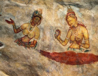 Apsaras, himmelska nymfer som erbjuder blommor, fresk, befäst citadell i Sigiriya (UNESCO:s världsarvslista