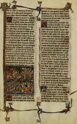 Arthurlegenden (jakten på den heliga graalen) : Benoic jagar saxare och slaget vid Danablaise är två illuminationer från manuskriptet History of Merlin, från 1200-talet mellan 1280-1290