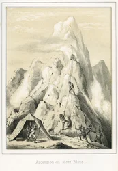 Lavin på Mont Blanc som ledde till tre bergsguiders död. Gravyr ”Himmel, jord och hav” av R. Delasalle, omkring 1860
