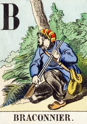 B : Braconnier - Jaktalfabetet, ca 1890 (gravyr)