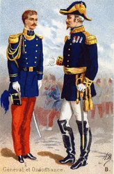 B: Allmänt och förordning. Gravyr i "Militäralfabetet". Illustratörens initialer: A. D. Okänd utgivare. Kromolitografier från slutet av 1800-talet. Mått: 10,5x7 cm.