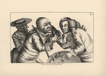 Den bankrutta Toby och hans fru Doxy tigger ost och öl på en krog. Kopparstick av Thomas Sanders efter en satirisk illustration av Timothy Bobbin (John Collier) (1708-1786) från Human Passions Delineated, John Haywood, Manchester