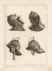 Stånghjälm 1,2 och Duke of Monmouths hjälm med fjäder för att stödja en panache