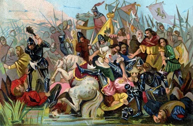 Slaget om de gyllene sporrarna (1302), ca 1900 (illustration)