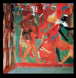 Stridsscen avbildad i rum 2 i det målade templet i Bonampak, Maya, sen klassisk period, ca 800 (väggmålning)