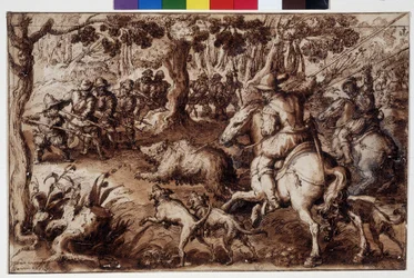 Björnjakt. Teckning av Giovanni Stradano (Jan Van Der Straet) (Johannes Stradanus) (1523-1605). Florens, Gabinetto dei Disegni e delle Stampe degli Uffizi (Uffizi). GDSU 2343 F