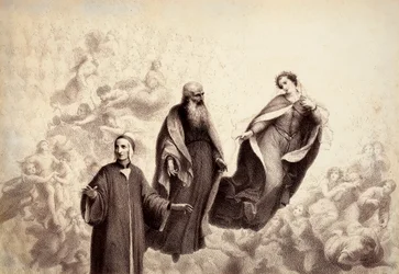 Beatrice rör sig bort från Dante, och vid hans sida dyker Sankt Bernhard upp. Illustration av Canto XXXI i Paradiso i Den gudomliga komedin av Dante Alighieri. Francesco Scaramuzzas verk tillägnat Florens kommun.