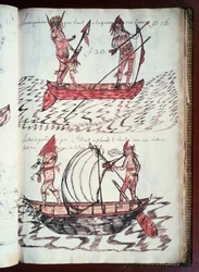 Boats of Indians, sida från Codex Canadensis (1664-1675), manuskript på pergament av Louis Nicolas, Frankrike