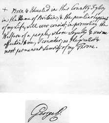 "Född och utbildad i detta land, jag ära i Storbritanniens namn", utdrag i George III:s handskrift från hans första tal från tronen efter hans tillträde