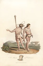 Brittisk antikvitet (förromersk tid, före 1:a århundradet): Catini och Caledonian invånare (Skottland) i de norra slätterna och skogarna i Storbritannien, med tatueringar täckta - Forte vatten av Robert Havell (1793-1878) från en illustration av Charles Ha