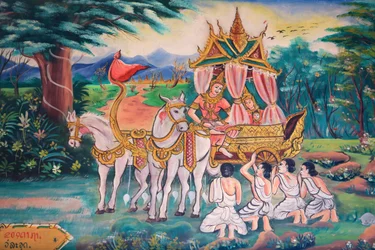 Buddha och prinsessan Yashodhara och deras son, Rahula. Buddhas liv. Väggmålningar. Wat Inpeng. Ventiane. Laos, 20151029, Vientiane, Laos