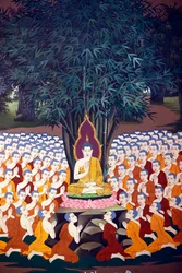 Buddha-undervisning till lärjungar, väggfresk, tempel Wat Botum, Phnom Penh, 2022 (foto)