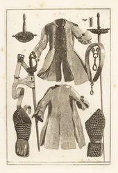 Buff coat 1,2, buff bälte 3, förgyllt silver svärdsfäste 4, buff armstycke och handske 5,6, toledo svärd 7, blad och skida 8, och stöd 9