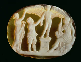 Cameo av Ikaros och Daidalos med Persefone och Artemis