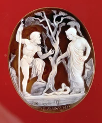 Cameo av Poseidon och Athena tävlar om herravälde över Attika
