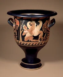 Kampanisk klockkrater med röd figur dekorerad med en arimasp i strid med en stor griffin, c.340 f.Kr. (keramik)