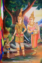 Takkonstverk som visar Buddhas liv. Wat Si Sou Mang Karam-templet. Vieng Vang. Laos, 20151102, Vieng Vang, Laos