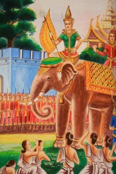 Takkonstverk som visar Buddhas liv. Wat Si Sou Mang Karam-templet. Vieng Vang. Laos, 20151102, Vieng Vang, Laos