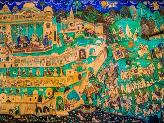 Chittra Sala innergård med virtuosa fina målningar, Taragarh Fort, Bandi, Bandi, Rajasthan, Indien, Asien (Foto)