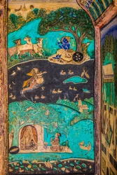 Chittra Sala innergård med virtuosa fina målningar, Taragarh Fort, Bandi, Bandi, Rajasthan, Indien, Asien (Foto)