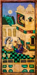 Chittra Sala innergård med virtuosa fina målningar, Taragarh Fort, Bandi, Bandi, Rajasthan, Indien, Asien (Foto)