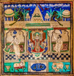 Chittra Sala innergård med virtuosa fina målningar, Taragarh Fort, Bandi, Bandi, Rajasthan, Indien, Asien (Foto)